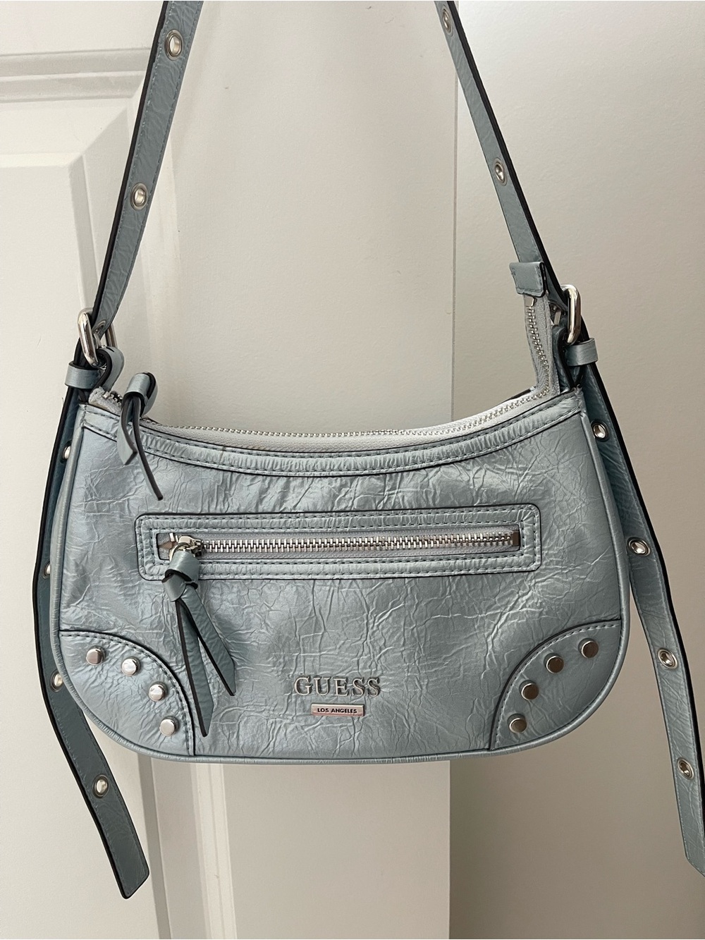 Guess Blue Metallic Shoulder Bag Y2K Studded Logo Hobo Purse Zip Pockets